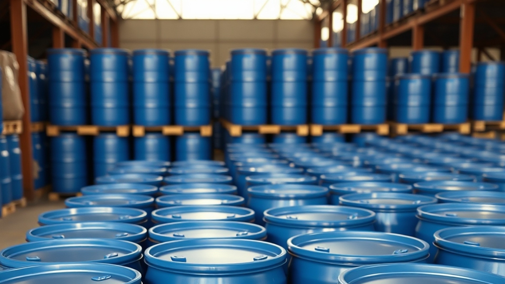 Fûts en plastique bleu empilés en entrepôt, prêts pour l'export.