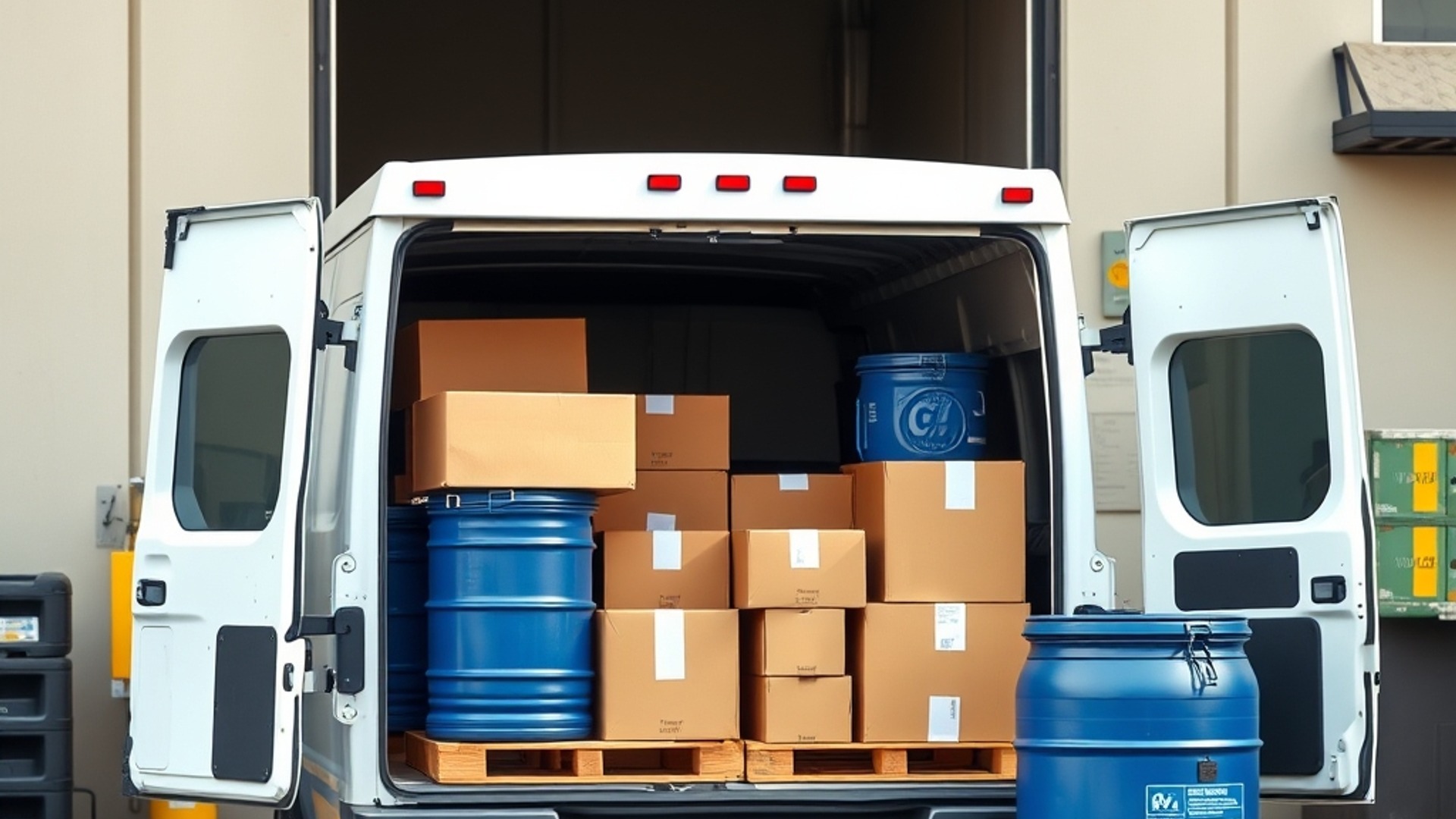 Véhicule utilitaire chargé de cartons et de fûts, prêt pour l'expédition depuis un entrepôt logistique.